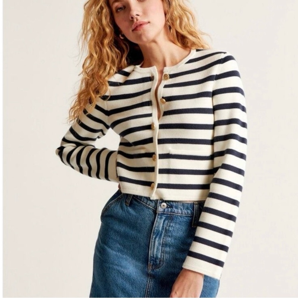 Abercrombie Striped Navy Cream Gold Buttons Cardigan